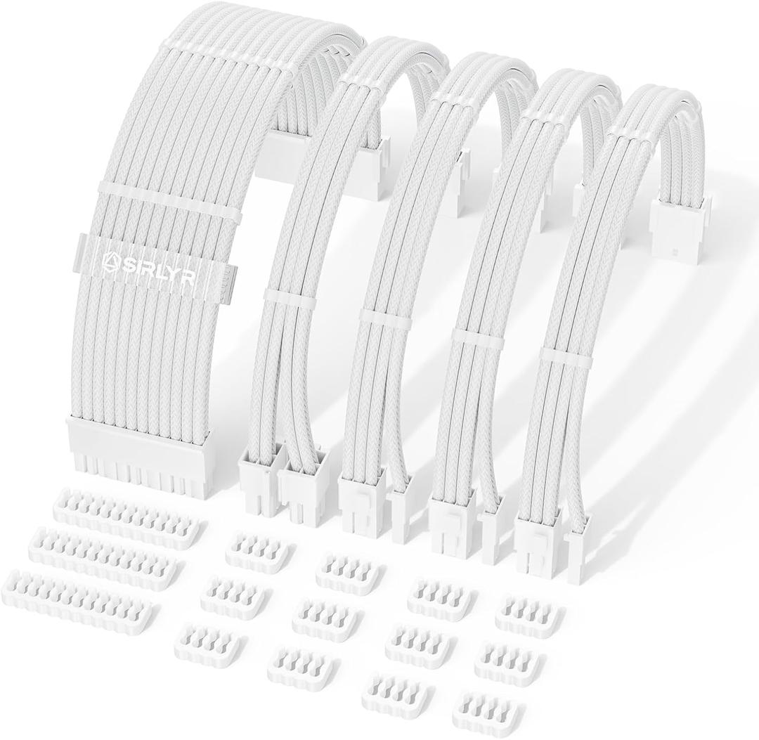 Sirlyr PSU Cable Extension Kit,One Way Bend Design PC Cables - Bright White Braided 1x 24Pin ATX / 2X 8 (4+4) Pin EPS/Gold-Plated 2X 8 (6+2) Pin PCIE for Power Supply,16AWG 5 Kits