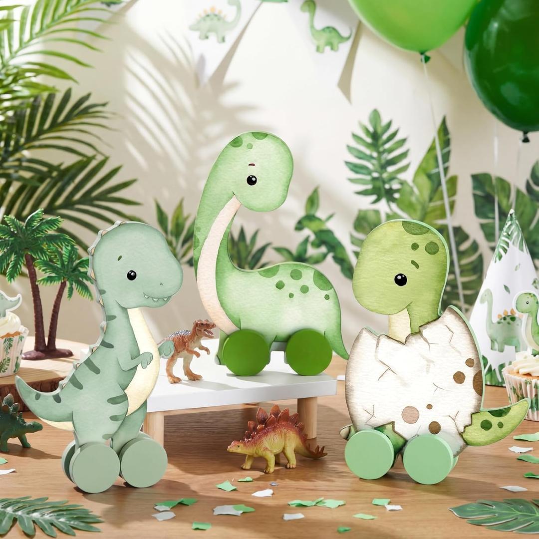 Yinkin 3 Pcs Wooden Dinosaur Baby Shower Table Decorations Rustic Baby Dinosaur Shower Figurines with Wheels Spring Table Centerpiece for Home Office Tiered Tray Decor