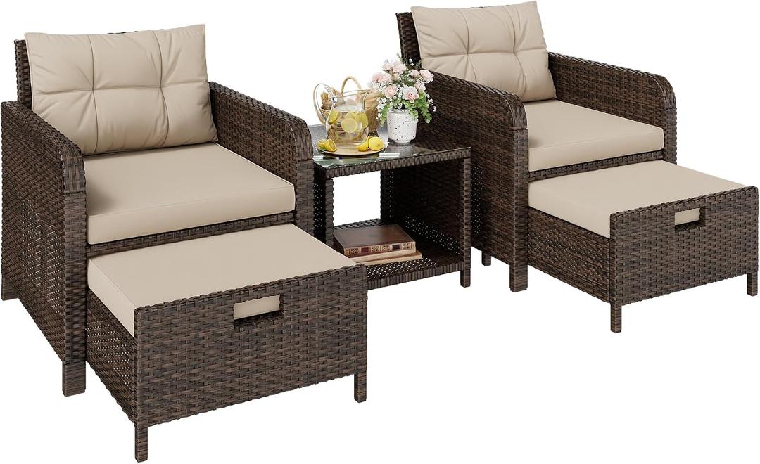 5 Piece Patio Furniture Set, PE Wicker Outdoor Furniture Set with Soft Cushions & Coffee Table, Outdoor Lounge Chairs with Ottoman for Porch, Lawn, Balcony, Khaki-Beige
