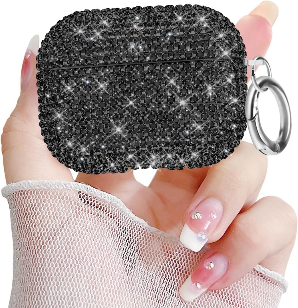 Newseego for AirPods Pro 3 Generation Case, Luxury Sparkly Bling Rhinestone Case with Keychain for Women Girls Anti-Lost Glitter Crystal Hard PC Shockproof Protective Cover for AirPods Pro 3rd-Black