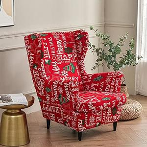 Highdi Wingback Chair Covers 2 Piece Stretch Wing Chair Slipcover, Washable Spandex Fabric Sofa Cover Furniture Protector for Armchair Chairs Living Room Bedroom Hotel (Christmas red)