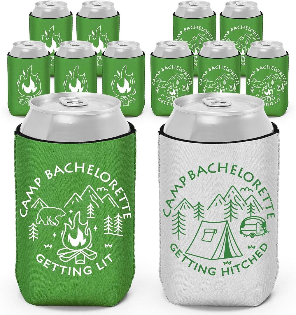 Ciyvolyeen 12Pcs Camp Bachelorette Party Can Coolers Camping Bachelorette Decorations Thick Insulated Neoprene Cup Holder Sleeves Camp Themed Party Favors Gift for Bachelorette Party,Wedding,Birthday