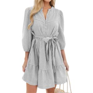 ECOWISH Women Striped Shirt Dress: Casual V Neck Button Down 3/4 Sleeve Belted Ruffle Flowy Midi Dress with Pockets S
