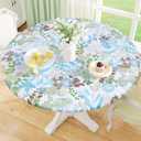 misaya Round Fitted Tablecloth with Elastic Edge, 100% Waterproof Oil Proof Plastic Table Cover, Vinyl Flannel Backed Tablecloth Fits 25"-30" Round Tables for Dinner, Outdoor, Picnic, Leaves (Blue and Green)