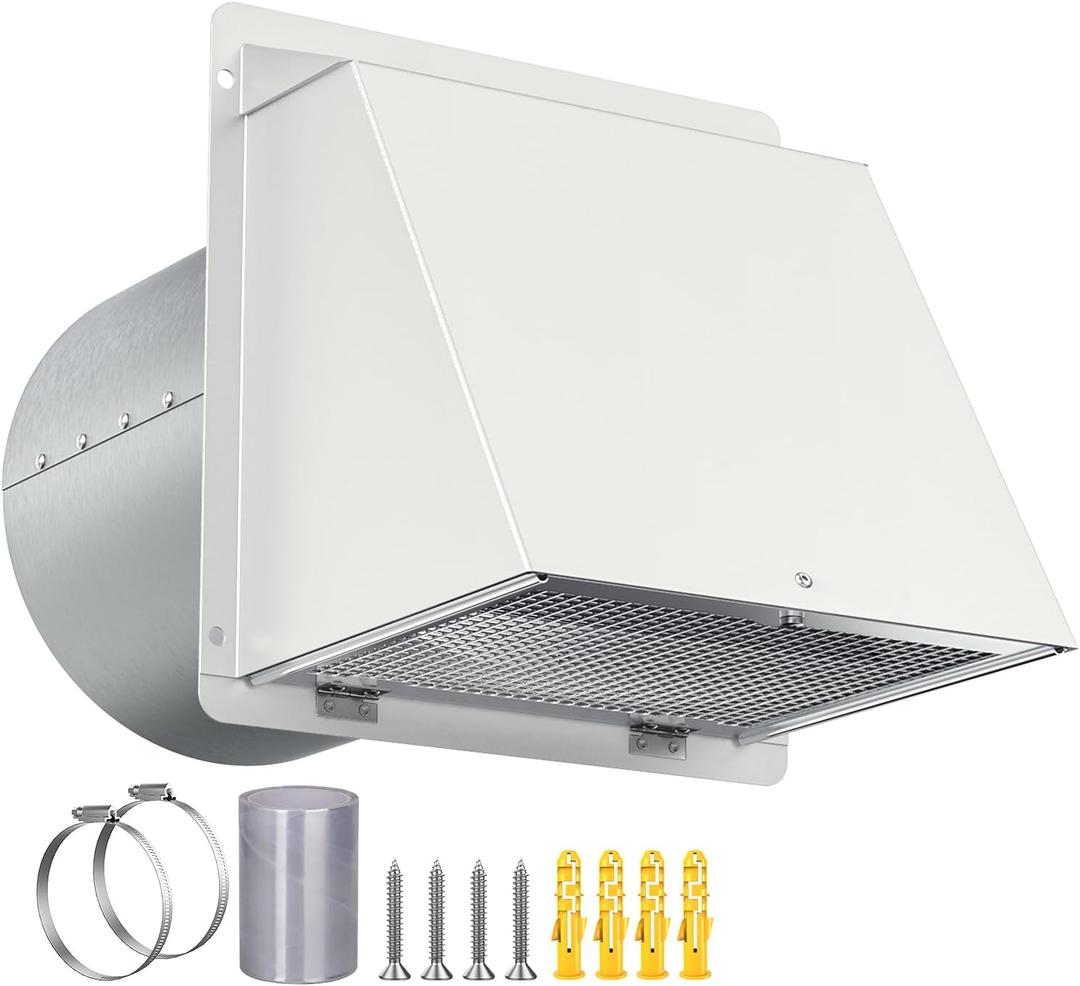 6 inch Dryer Vent Cover Outside,Outdoor Galvanized Steel Hooded Wall Vent with Screen and Damper,Exterior Air Vents Cap for Dryer/AC Extractor Vents Kitchen Range Hood Ventilation/Exhaust (White)