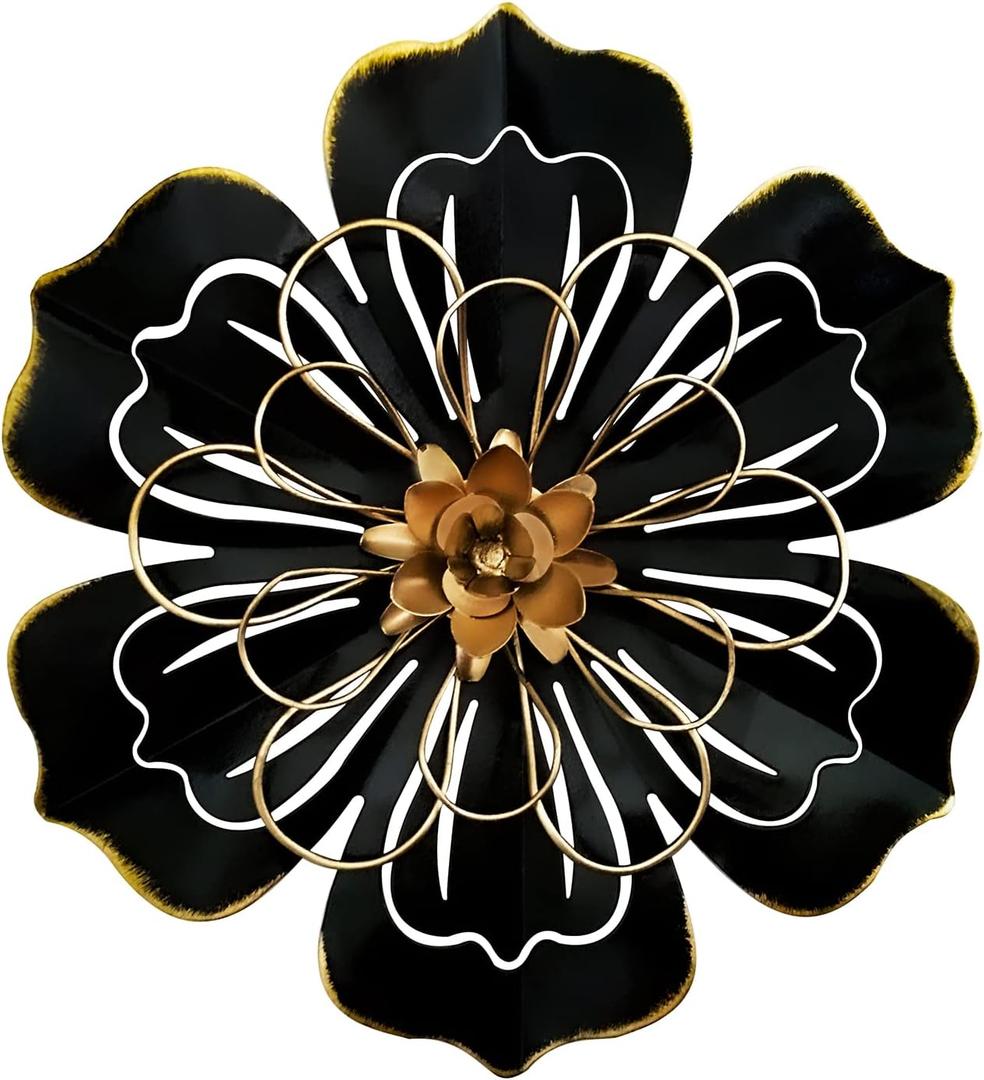 Metal Flower Wall Art Decor, 8.3" Rustic Modern Floral Sculpture, Distressed Iron Wall Hanging Home Decoration Accent Artworks for Indoor Kitchen Bedroom Living Room Office Outdoor Garden Patio - 06 (06-Black Gold)