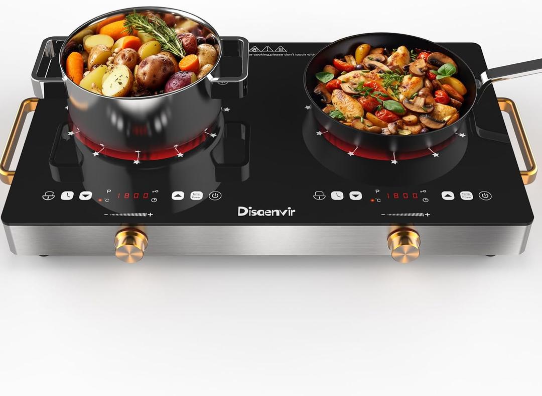 2 Burner Electric Cooktop 110V - 24 Inch(22.2"x 13.07") Countertop Electric Stove with Handles 2000W, Two Burner Ceramic Burner with Touch and Knob Control, Timer, Safety Lock, 120V Plug in