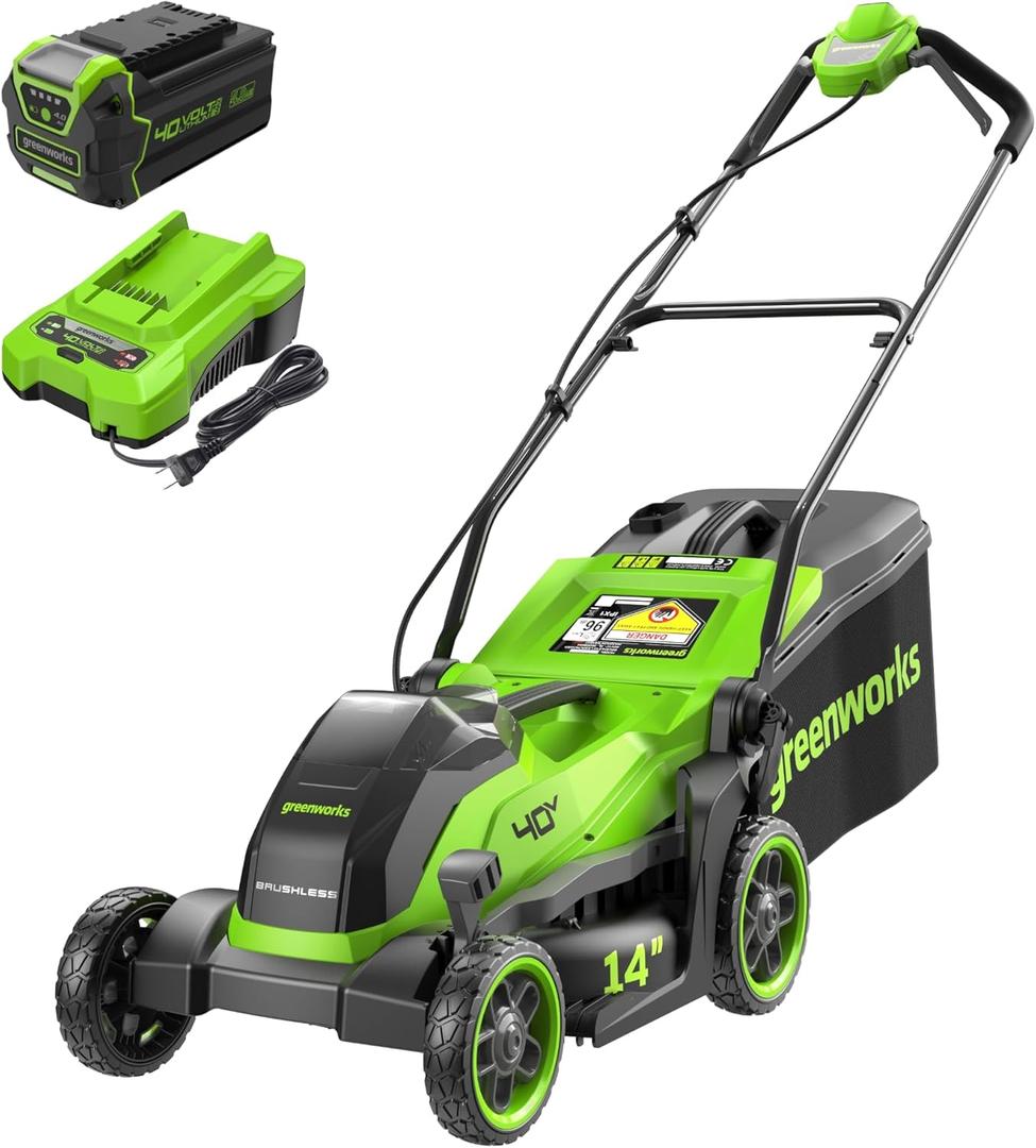 Greenworks 40V 14 Brushless (Push) Cordless Lawn Mower, 4.0Ah Battery and Charger (14" Brushless Mower)