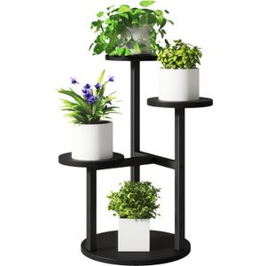 IBUYKE 4 Tier Plant Stand Indoor, Metal Wood Plant Shelf for Multiple Plants, Small Tiered Corner Flower Pot Stand for Living Room Patio Balcony Garden, Black TMJ073B