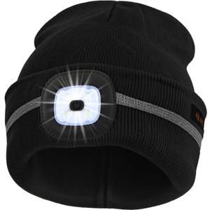 Keains Reflective Stripe LED Beanie with The Light  Winter Knit Hat for Outdoor Work Sports, Gifts for Men Women Dad (One Size, Black)