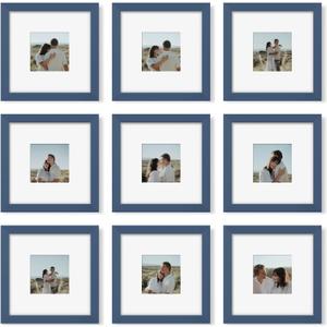 8x8 Picture Frame Set of 9, Photo Gallery Wall Frame Set, Display Pictures 4x4 with Mat or 8 x 8 Without Mat, Square Frame Picture Frames Collage Wall Decor, Blue
