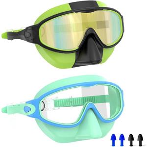  Swim Goggles for Kids 3-15 with Earplugs Large Frame Anti-Fog/UV Swimming Goggles for Boys Girls Toddler 2PCS (Blue & green and Black)