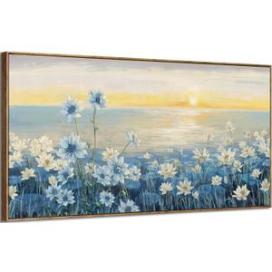 Large Wall Art for Living Room Modern Framed Coastal Beachy Canvas Wall Art Big Floral Sunrise Blue Wall Picture Oversized Lake Nature Sunset Artwork for Office Bedroom Decor (58L" x 29W")