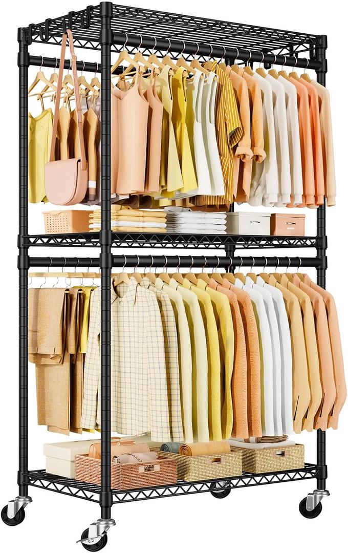 P5 Rolling Clothes Rack Heavy Duty, Clothing Racks for Hanging Clothes, Garment Rack with Wheels, 3 Tiers Portable Closet Rack 39.4'' W  20.5'' D  80.5'' H, Max Load 655 LBS, Black