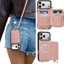 ORNARTO Magnetic Detachable Wallet Case for iPhone 17 Pro, [Compatible with MagSafe], Crossbody Wallet Case with Card Holder Wrist Strap, RFID Blocking PU Leather Wallet Phone Cover 6.3", Pink