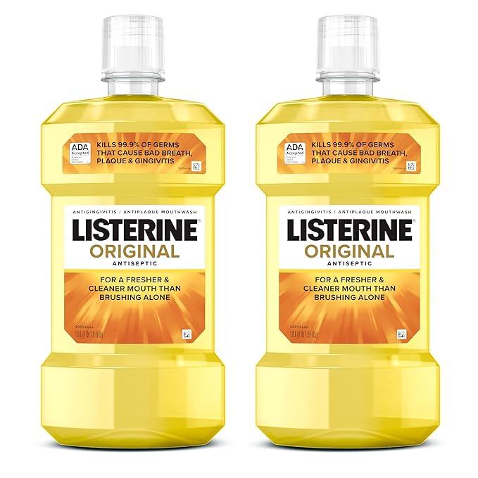 Listerine Original Antiseptic Oral Care Mouthwash to Kill 99.9% of Germs That Cause Bad Breath, Plaque and Gingivitis, ADA-Accepted Mouthwash, Original Flavored Oral Rinse, Twin Pack, 2 x 1 L, Exp: Oct 2026