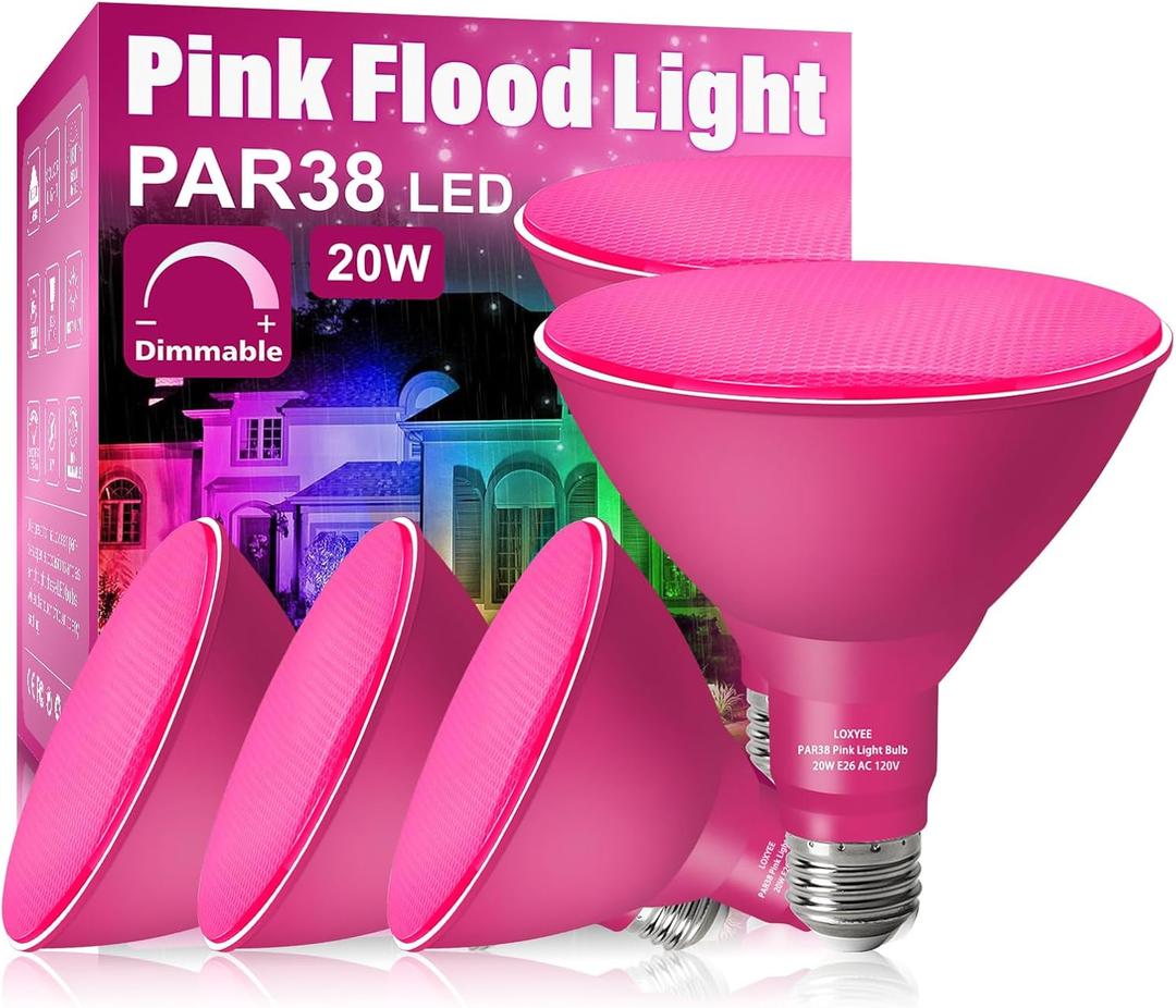 PAR38 Flood Pink Light Bulbs,4 Pack Dimmable,E26 Base Pink Flood Light Outoor(20W Replace to 200W),Halloween Light Bulb for Outside,Christmas,Holiday Lighting