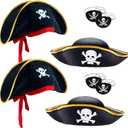 D-Fokes 2 Packs Kids Felt Pirate Hat - Tri Corner Pirate Party Hat - Skull Print Pirate Captain Costume - Party, Birthday, Halloween Accessories with Eye Patch