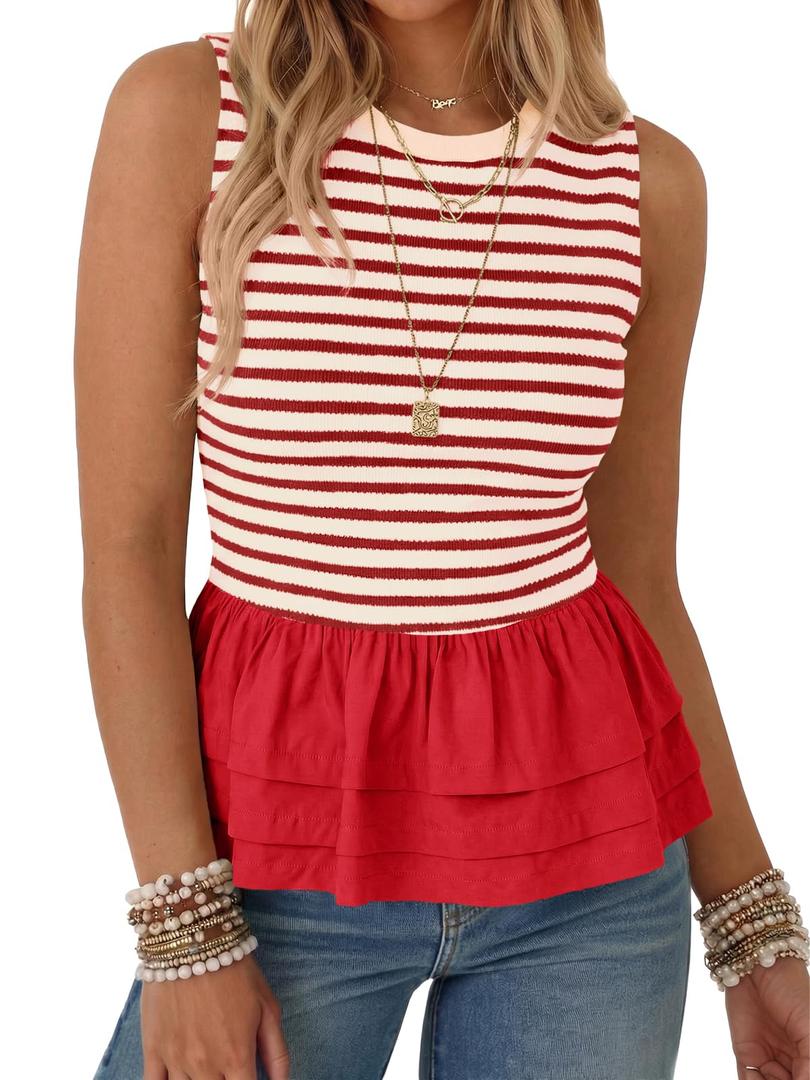 Tankaneo Womens Summer Striped Peplum Tank Tops Red (Red, XL)