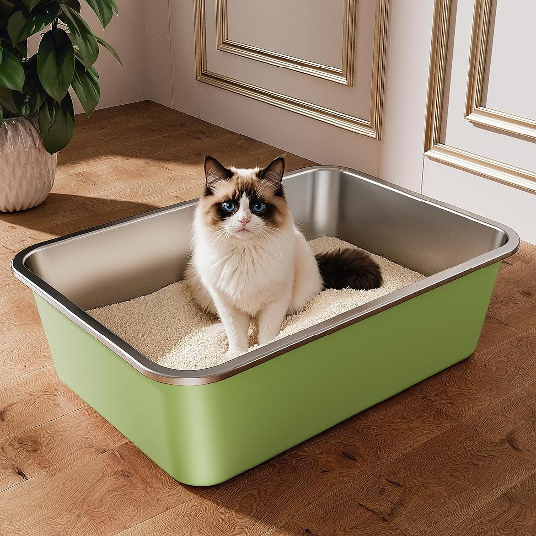 Stainless Steel Litter Box, Large Metal Cat Litter Box with High Sided for Big and Small Cats, Non-Stick, Easy to Clean, Odor-Free, 19.5" L13.6" W5.9" H, Leaf Green