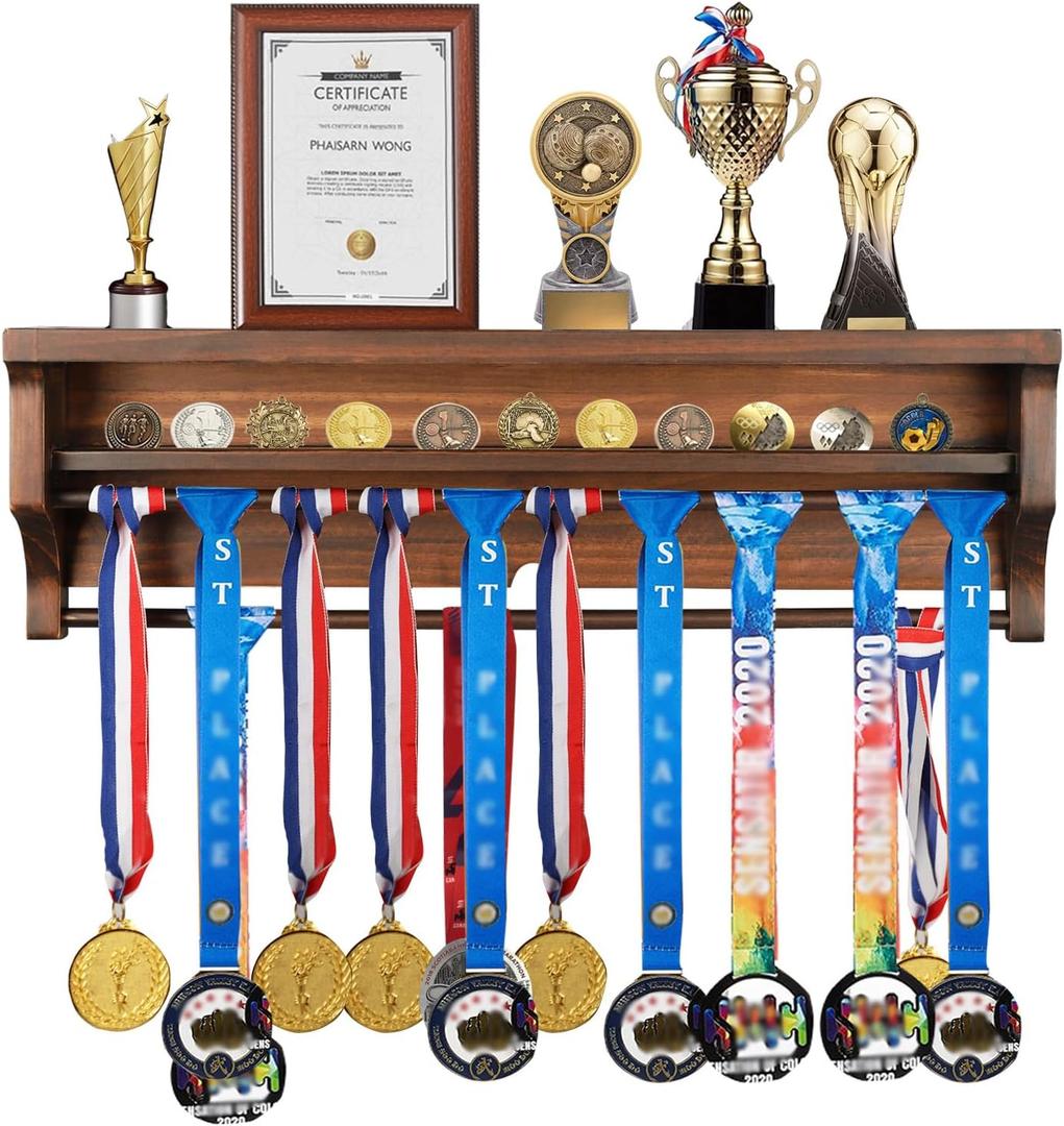 IHEIPYE Solid Wood Medal Hanger Display Shelf Medal Holder, Wall Mount Medal Rack Display Holder for Runners, Marathon, Race Winner,Soccer, Football, Gymnastics & All Sports-Walnut