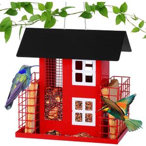 Metal Bird Feeders for Outdoors Hanging with 2 Suet Cage Cake Squirrel Proof Hanging Suet Feeder Large Capacity Wild Bird Feeder Easy Clean&Anti-Rust Attracting Birdhouse Red