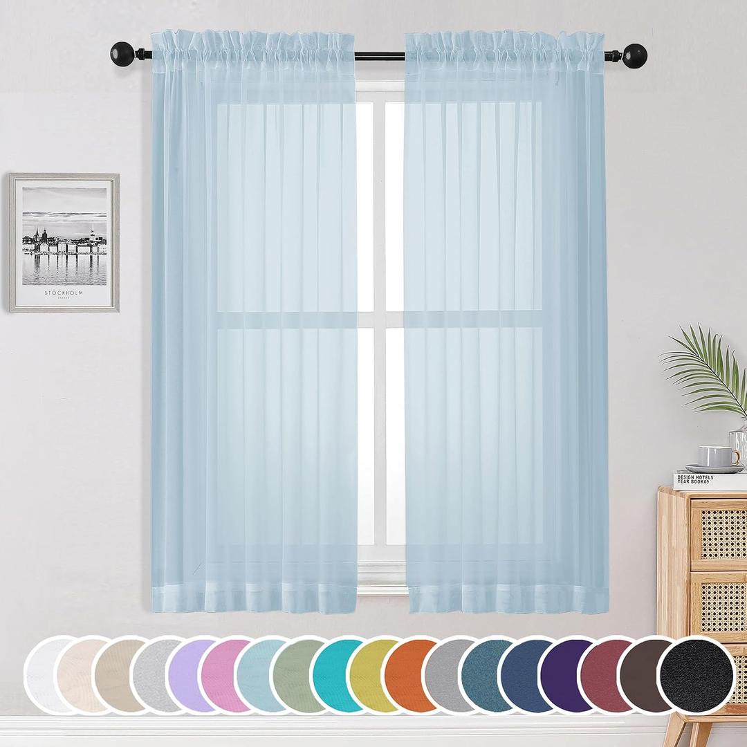 OWENIE Sheer Curtains 63 inch Length 2 Panels Set, Light Weight Soft Solid Fimly Sheer Curtains for Basement Bedroom Living Room, Light Filtering Airy Voile Sheer Curtain with Rod Pocket, 42Wx63L inch