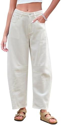 GREAIDEA Mid Rise Barrel Jeans for Women Wide Leg Mid Waist Cropped Denim Pants Y2k Baggy Boyfriend Jeans with Pockets, Medium, White