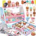 Wooden Ice Cream Toys Kids Kitchen Play Store for Toddlers Girls, Play Kitchen Accessories with Scoop & Menu & Fake Money, Wooden Toys for 3 4 5 Year Old Girls Boys Birthday