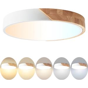 LED Flush Mount Ceiling Light Fixture Wood,16 inch Kitchen Light Fixtures Ceiling Mount 36W, Round Close to Ceiling Light Dimmable 5CCT for Bedroom,Kitchen,Living Room (White)