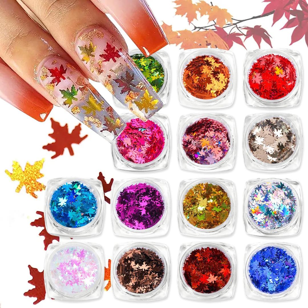 DANNEASY 14 Boxes Maple Leaf Nail Glitter Fall Nail Art Sequins Holographic Nail Flakes 3d Laser Nail Foil Flakes Nail Charms Nail Decoration Nail Art Accessories