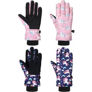 Honoson 2 Pairs Kids Snow Gloves Winter Waterproof Kids Ski Gloves Youth for Girls Boys Outdoor Toddler Snowboard Warm Clothe (2-4 Years, Unicorn Pattern)