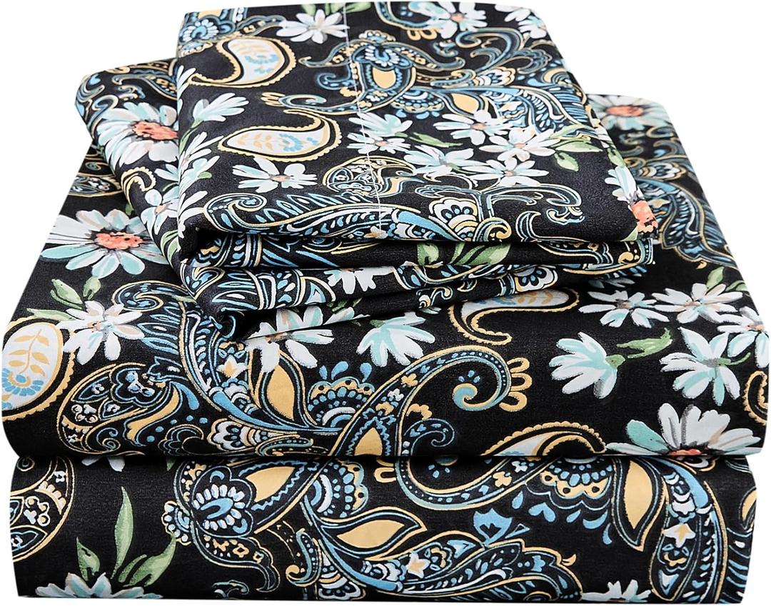 JSD Black Paisley Floral Printed Sheet Set Full Size, 4 Piece Soft Pattern Microfiber Sheets Extra Deep Pocket