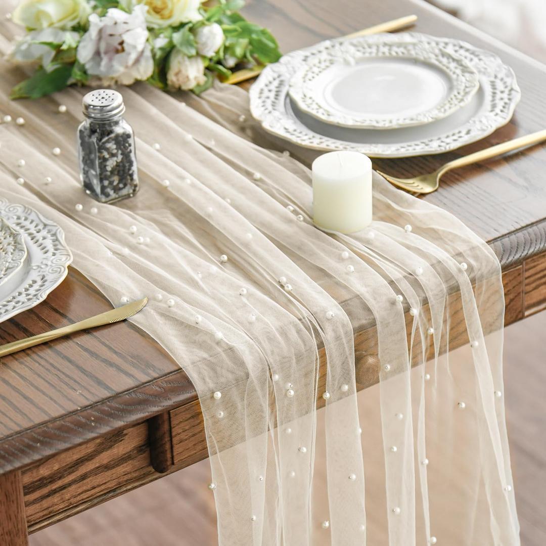 Artoid Mode Pearl Beige Gauze Table Runner 120 Inch 10FT, Seasonal Sheer Dining Holiday Wedding Birthday Baby Shower Table Decor for Home Party (28" x 120")