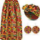 Haysandy 3 Pcs Women African Printed Maxi Skirt with Pockets Set Casual Stretch Head Wrap Scarf Drop Dangle Earrings (Classic Style,Large)