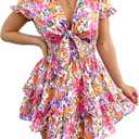 PRETTYGARDEN Women Summer Mini Short Dress 2025 Short Sleeve Casual Beach Vacation Sundress V Neck Tiered Sun Dresses (Medium, Floral White)