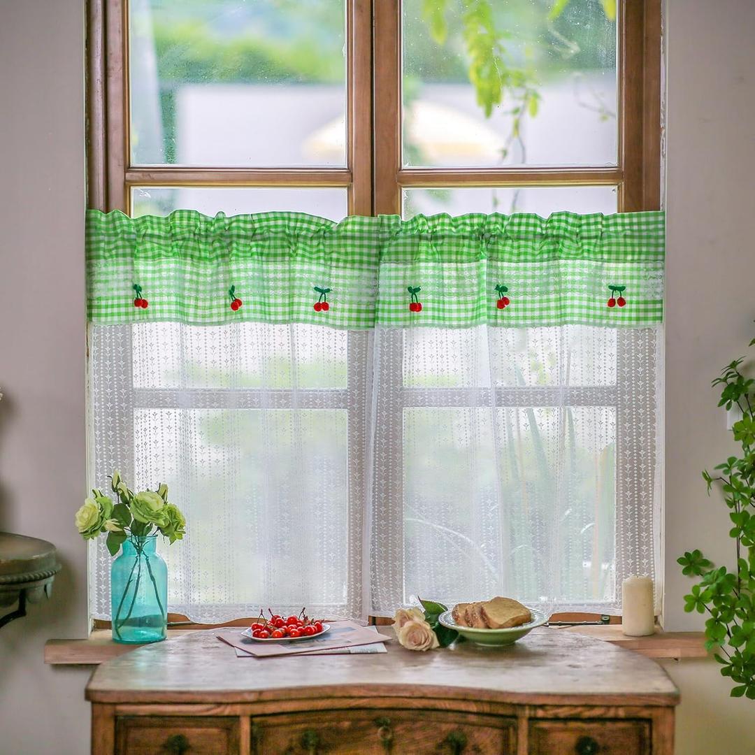 ARTMAGIC Lace Short Window Curtains Set Vintage Green Plaid Cherry Decor Embroidery Sheer Cafe Curtain Rod Pocket for Kitchen Living Room Bathroom Bedroom Car(Green,2pcs,27"x36")