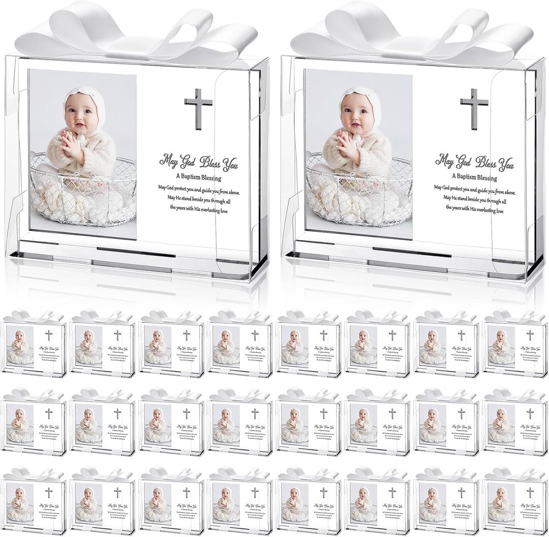 24 Set Baptism Picture Frame 3.5 x 5 Acrylic Baby Shower Baptism Favor Christening Gifts for Boy Girl with Plastic Crystal Boxes and Satin Ribbon Bows for Religious First Communion(White)