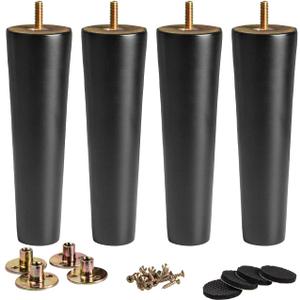 La Vane 8 inch / 20cm Wooden Furniture Legs, Set of 4 Black Solid Wood Tapered M8 Furniture Replacement Feet with Pre-Drilled 5/16 Inch Bolt & Mounting Plate & Screws for Sofa Chair Couch Ottoman