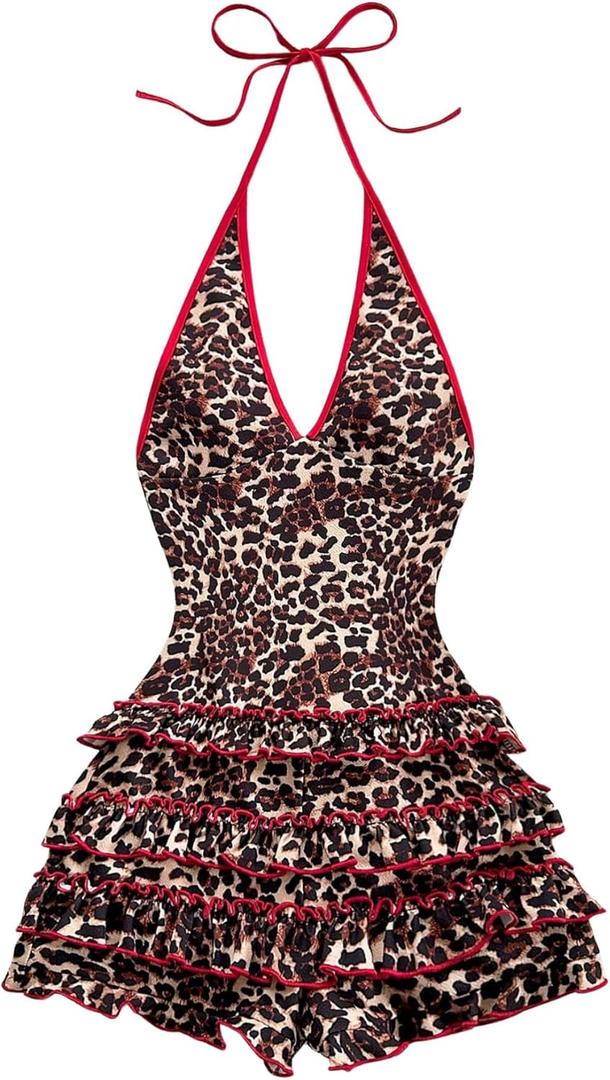 Milumia Women's Leopard Print Sleeveless Halter Romper Y2K Contrast Binding Shorts Jumpsuit (Medium, Red and Brown)