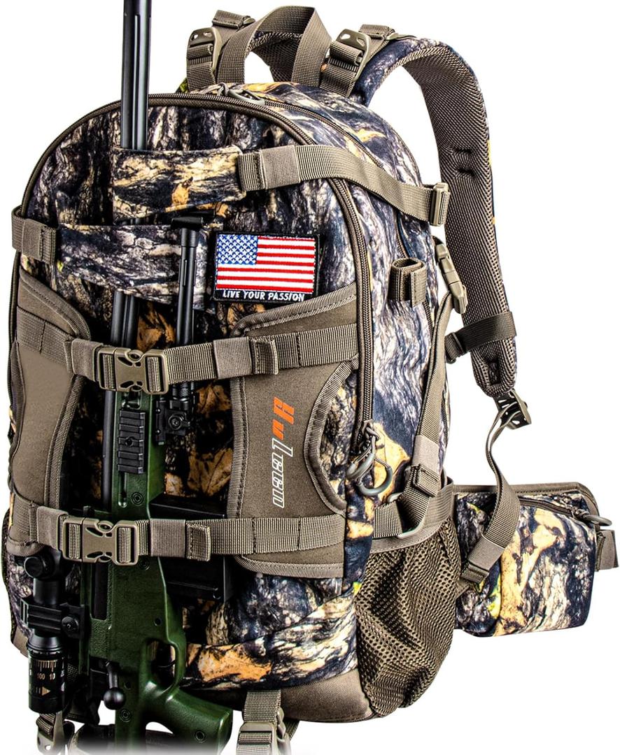 YVLEEN Hunting Backpack, Waterproof Camo Hunting Packs for Men, Durable Large Capacity Hunting Day Pack for Rifle Bow Gun (Wild Leaves Camo)
