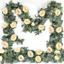 2 Pack 13FT Spring Artificial Eucalyptus Flower Garland with Champagne Roses, Fake Flower Greenery Floral Vines Green Garland for Wedding Arch Table Runner Backdrop Mantle Home Decorations (Champagne)