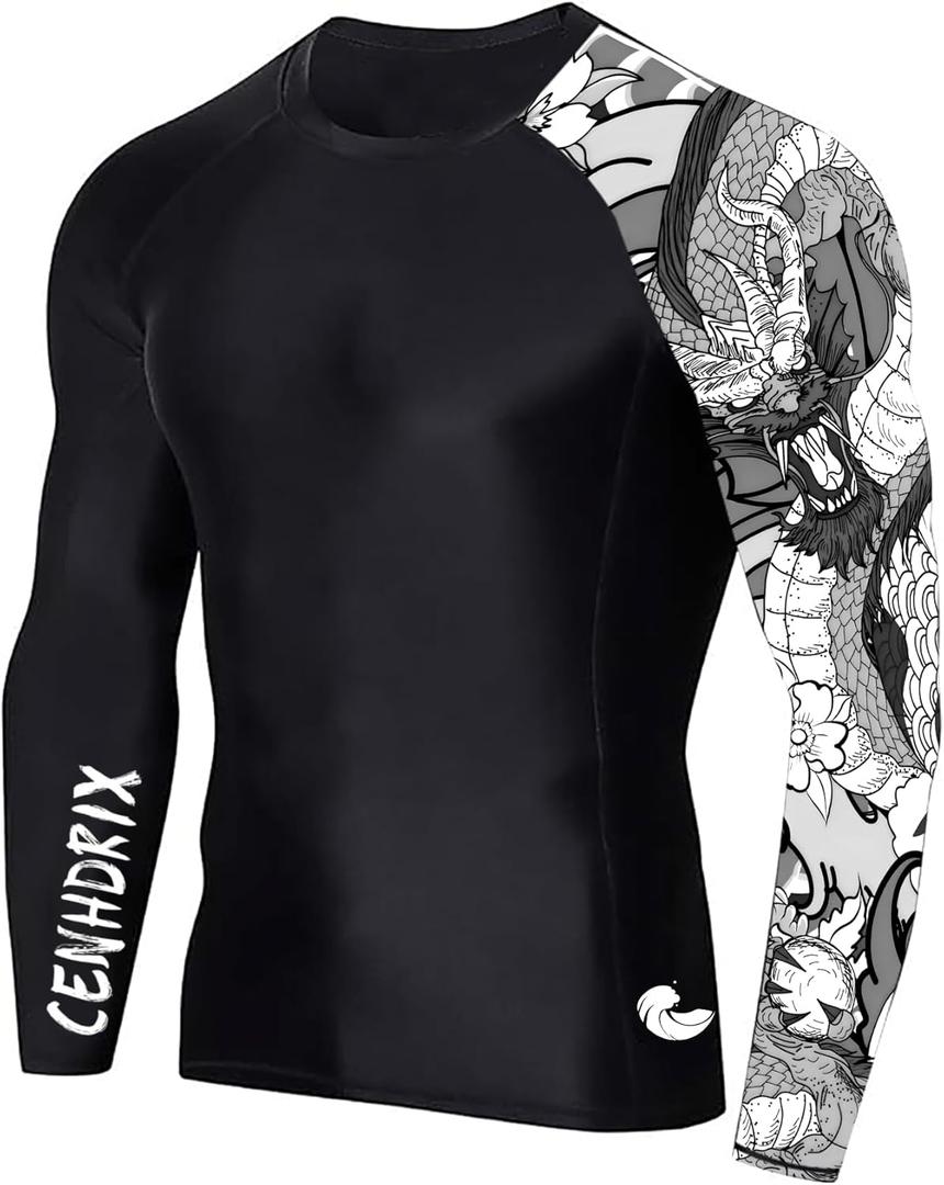 Mens Rash Guard Men's Long Sleeve UPF 50+ Sun Protection, Compression Shirt Long Sleeve Swim Shirts Workout Gym T-Shirt (Large, Black & White Dragon)