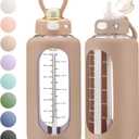 SIEROZUR 64 oz Glass Sports Water Bottle with Straw and Handle, Motivational Time Marker, Leakproof, Gym, Travel (Amber)