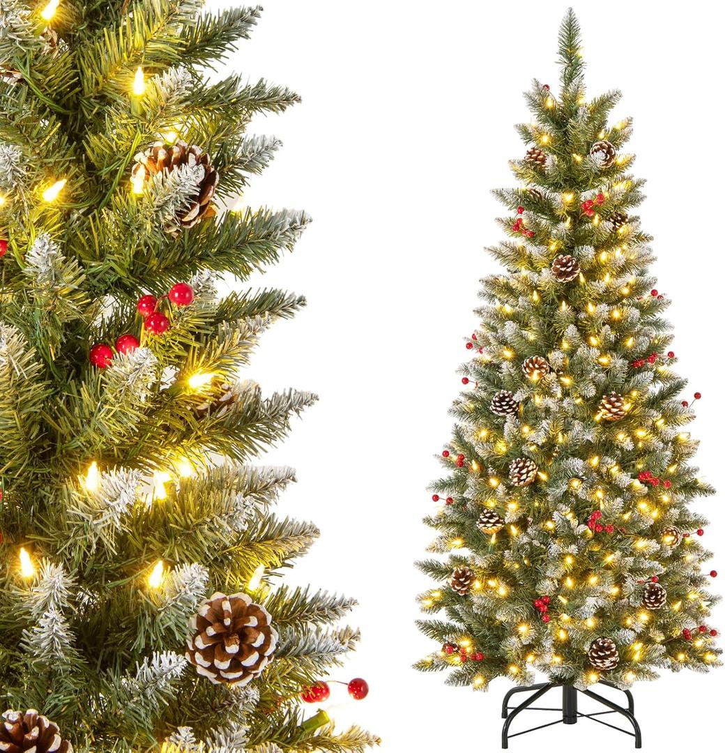 Happygrill 4ft Pre-lit Artificial Christmas Tree Slim Artificial Xmas Tree with 250 LED Lights & 408 Branch Tips Berries and Pine Cones Included, Decoration Tree for Festival Holiday