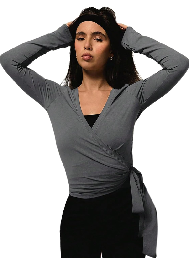 Verdusa Pilates Outfits for Women V Neck Wrap Crop Tops Long Sleeve Workout Self Tie T Shirt Shrungs, XL