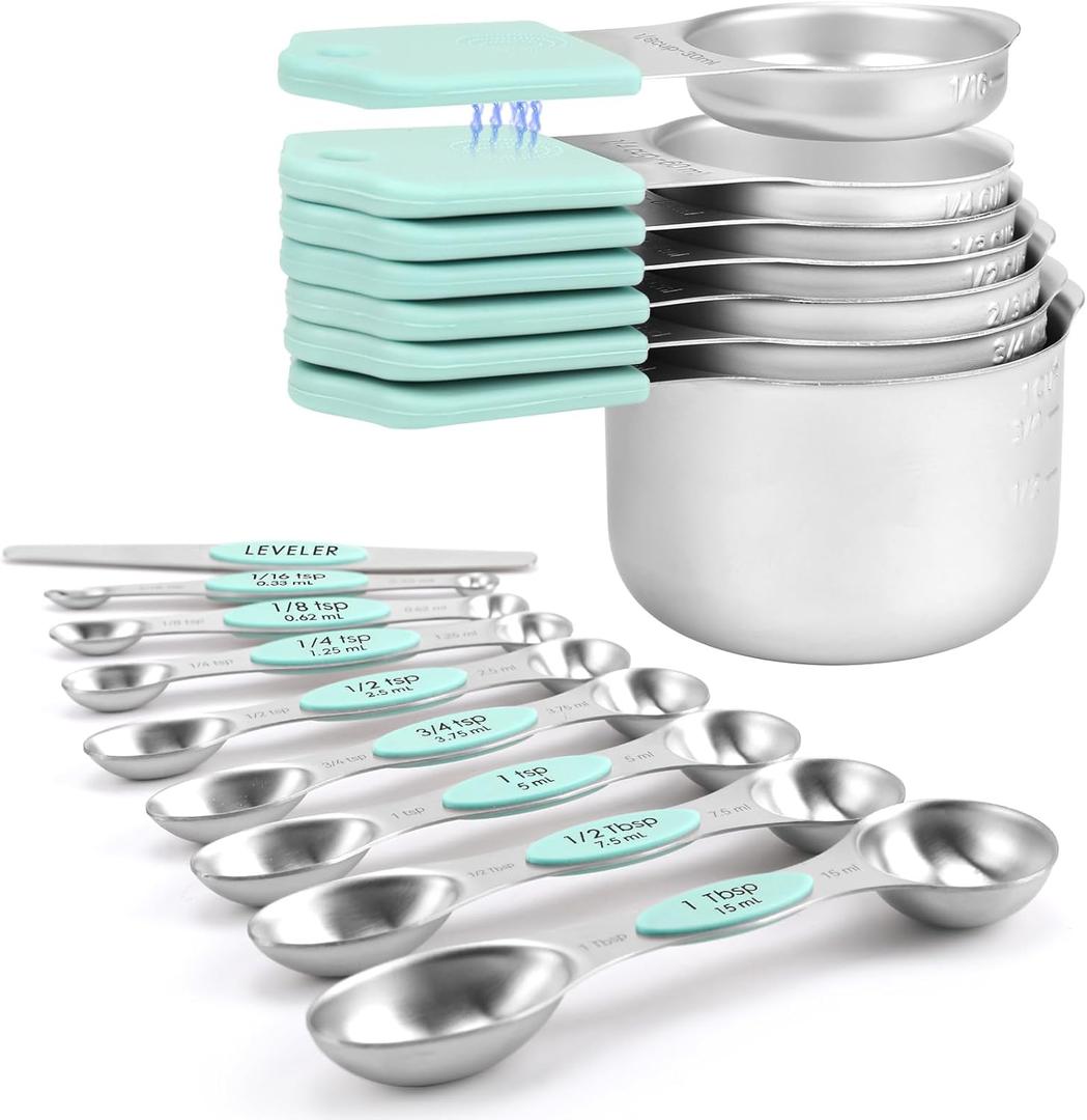 Magnetic Measuring Cups and Spoons Set-Heavy Duty 304 Stainless SteelDouble Measurement MarkingsSet of 16 with Leveler for Measure Dry and Liquid Ingredients (Mint)
