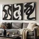 Large Framed Black and White Abstract Wall Art for Living Room, 3 Piece Neutral Canvas Prints Paintings Artwork, Modern Minimalist Brush Stroke Lines Pictures for Hallway Office Wall Decor 24x36 In, 24" W x 36" H x 3Pcs