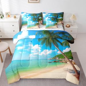 Erosebridal Ocean Beach King Size Comforter Set, Palm Trees 7-Piece Bed in A Bag, Coastal Nature Theme Sheets and Pillowcases, Hawaiian Kids Boys Men Women Bedding Set Room Decor (Blue White)