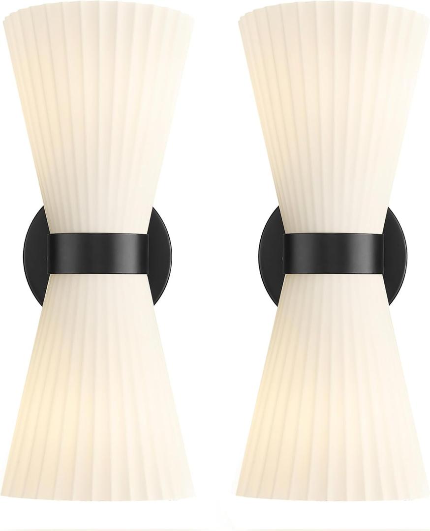 Black Wall Sconces Set of Two, HWH Modern Wall Light Fixtures Indoor Wall Lamp Up and Down, Matte Black Finish with Frosted Milk White Striped Glass Shade, 5HZG97B-2W-2PK BK